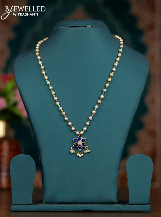 Pearl necklace with sapphire jadau kundan stones and pearl hangings without earrings