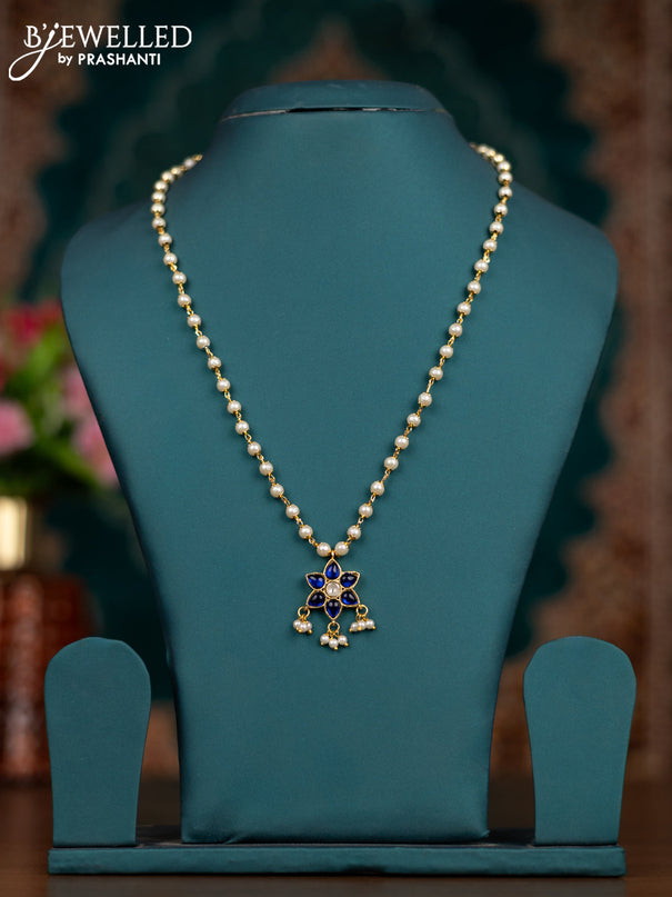 Pearl necklace with sapphire jadau kundan stones and pearl hangings without earrings
