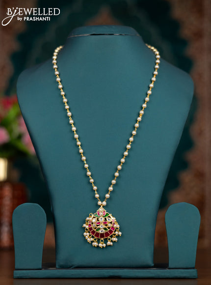 Pearl necklace chandbali pendant with kemp jadau kundan stones and pearl hangings without earrings