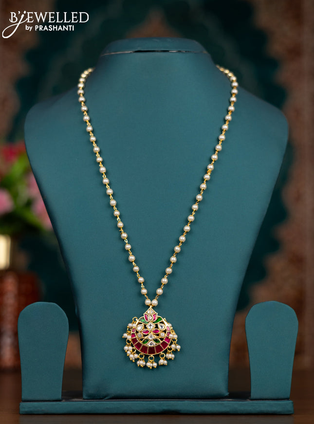 Pearl necklace chandbali pendant with kemp jadau kundan stones and pearl hangings without earrings