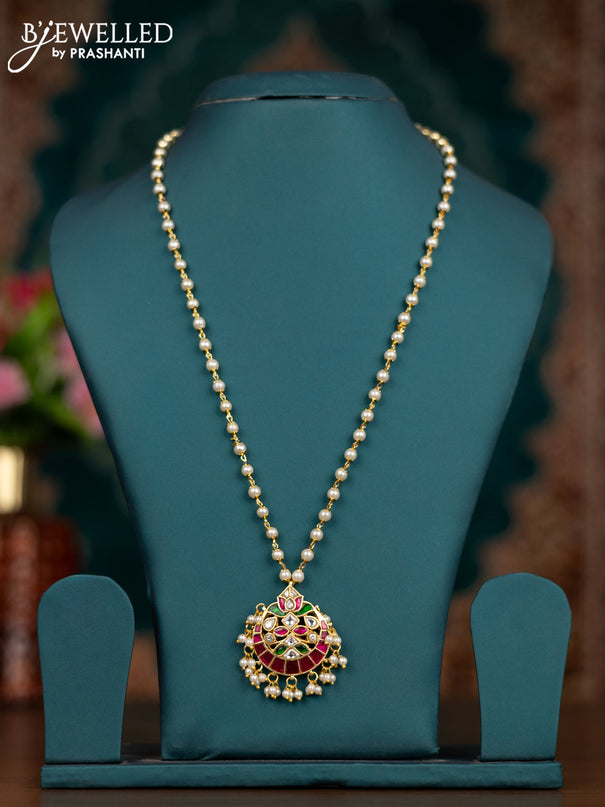 Pearl necklace chandbali pendant with kemp jadau kundan stones and pearl hangings without earrings