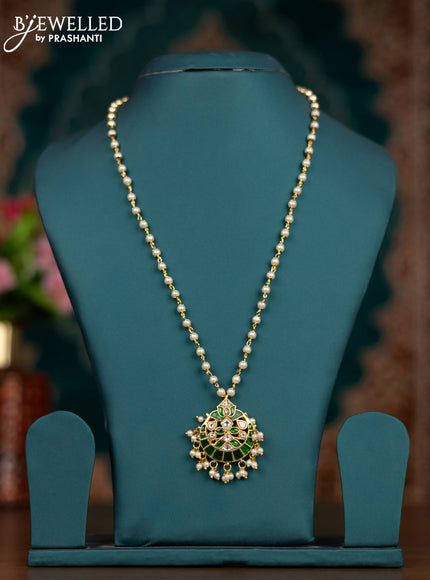 Pearl necklace chandbali pendant with green jadau kundan stones and pearl hangings without earrings