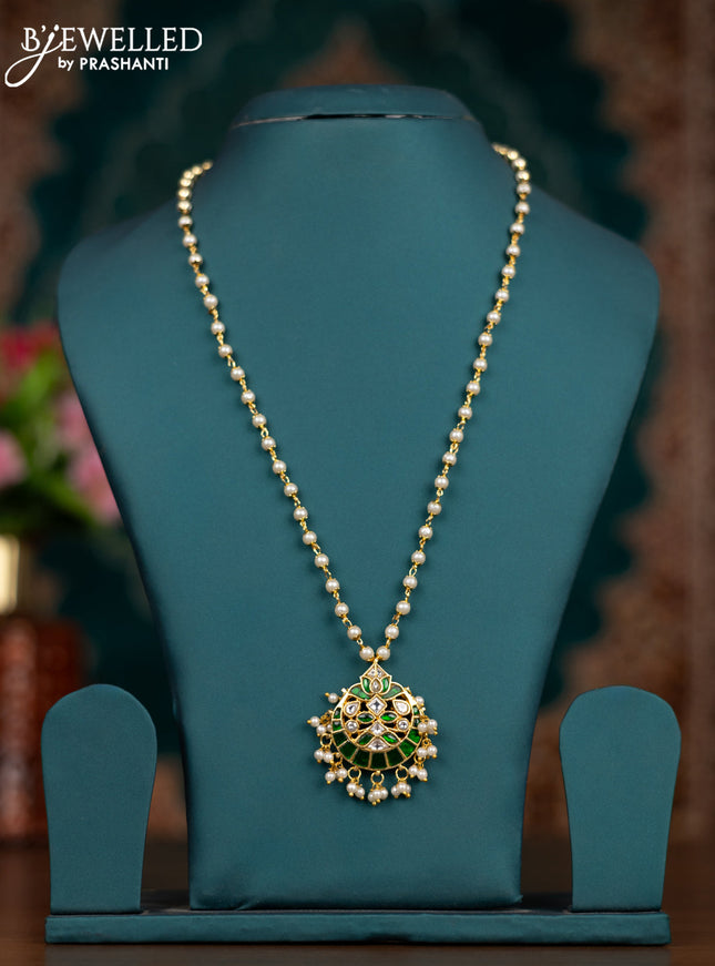 Pearl necklace chandbali pendant with green jadau kundan stones and pearl hangings without earrings