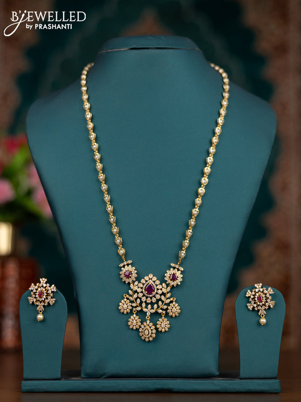 Pearl necklace with ruby and cz stones