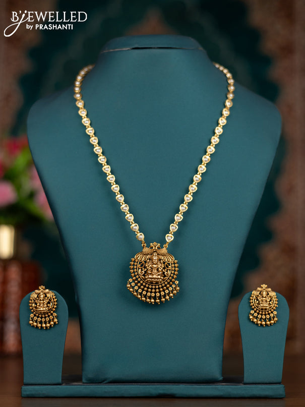 Pearl necklace with lakshmi pendant and golden beads hangings