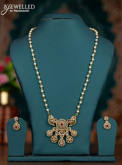 Pearl necklace with ruby and cz stones