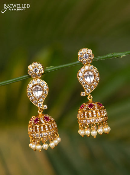 Antique jhumka manga pattern with pink kemp & kundan stones and pearl hangings