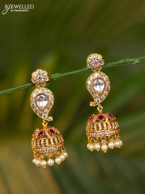 Antique jhumka manga pattern with pink kemp & kundan stones and pearl hangings