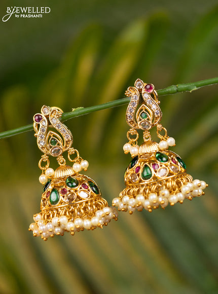 Antique jhumka peacock design with kemp & cz stones and pearl hangings