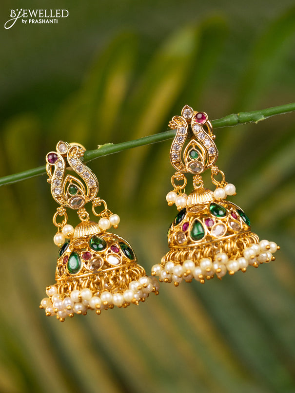 Antique jhumka peacock design with kemp & cz stones and pearl hangings