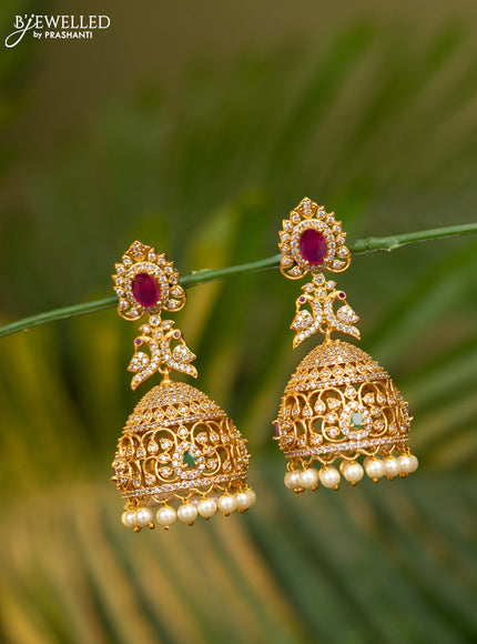 Antique jhumka with kemp & cz stones and pearl hangings