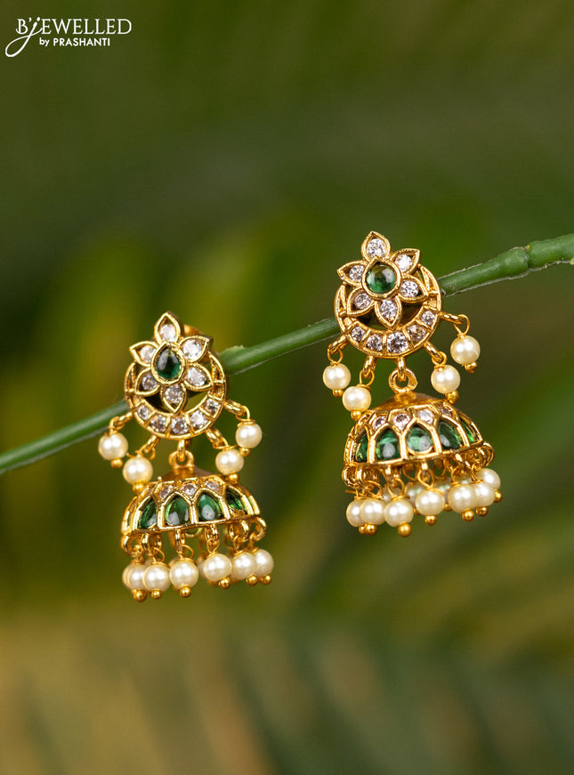 Antique jhumka chandbali design with green kemp & cz stones and pearl hangings