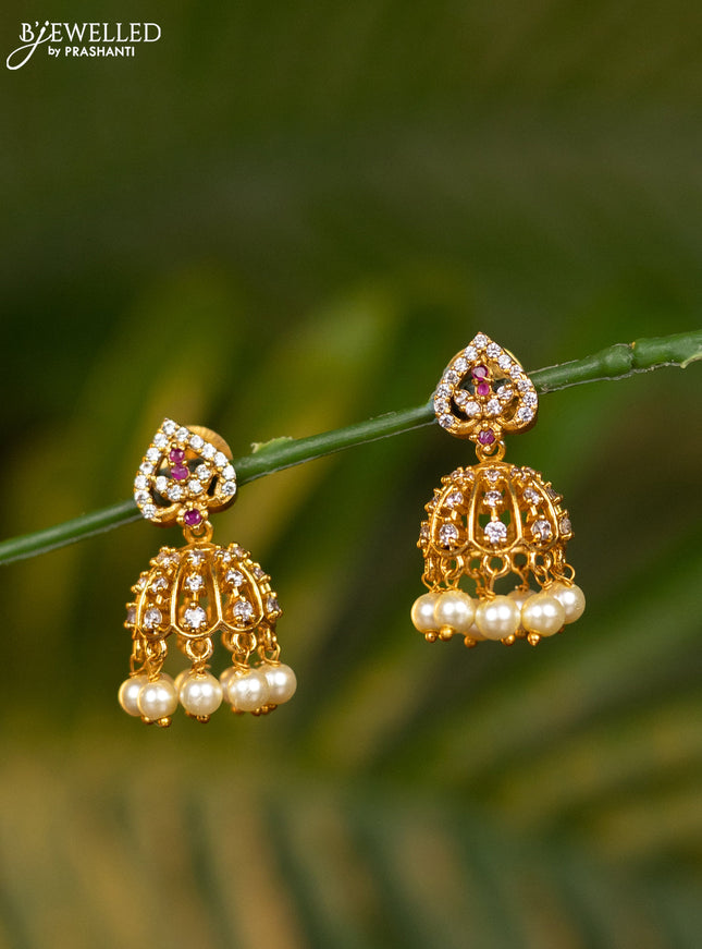 Antique jhumka with pink kemp & cz stones and pearl hangings