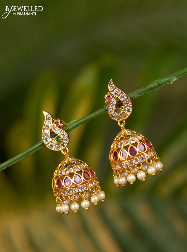 Antique jhumka peacock design with kemp & cz stones and pearl hangings