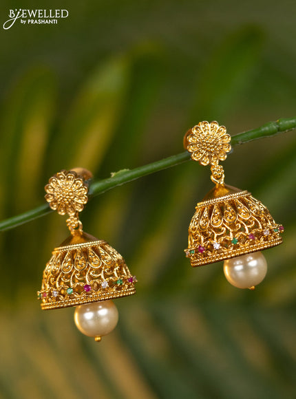 Antique jhumka floral design with kemp & cz stones and pearl hanging