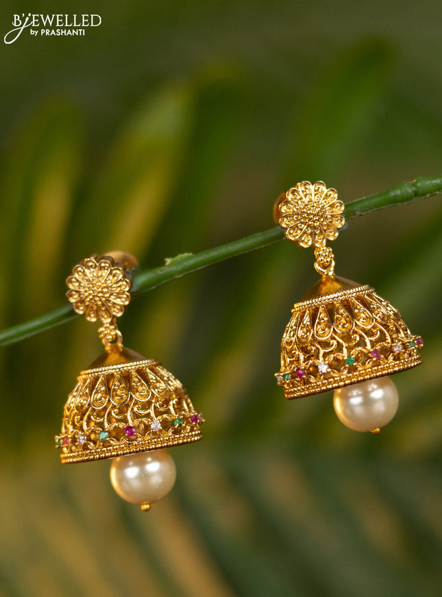 Antique jhumka floral design with kemp & cz stones and pearl hanging