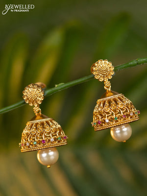 Antique jhumka floral design with kemp & cz stones and pearl hanging