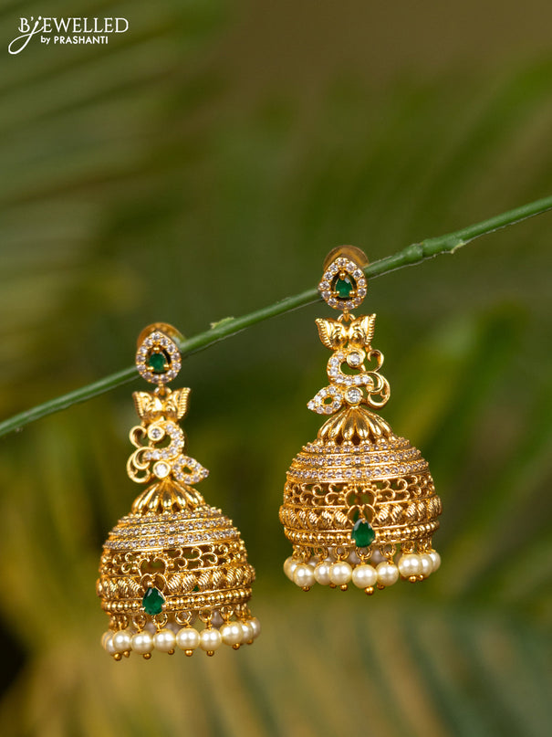 Antique jhumka with green kemp & cz stones and pearl hangings