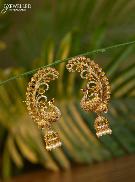 Antique earcuff jhumka with kemp & cz stones and pearl hangings