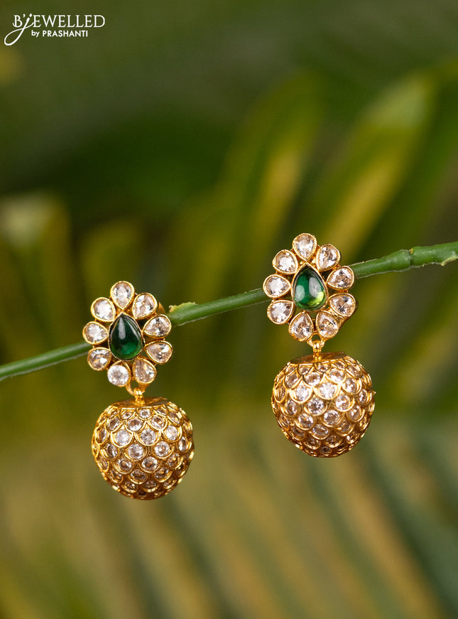 Antique jhumka with green kemp and cz stones