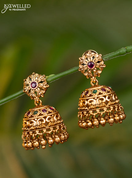 Antique jhumka with kemp stones and golden beads hangings