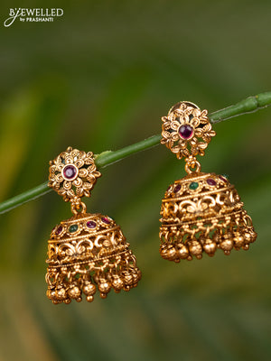 Antique jhumka with kemp stones and golden beads hangings