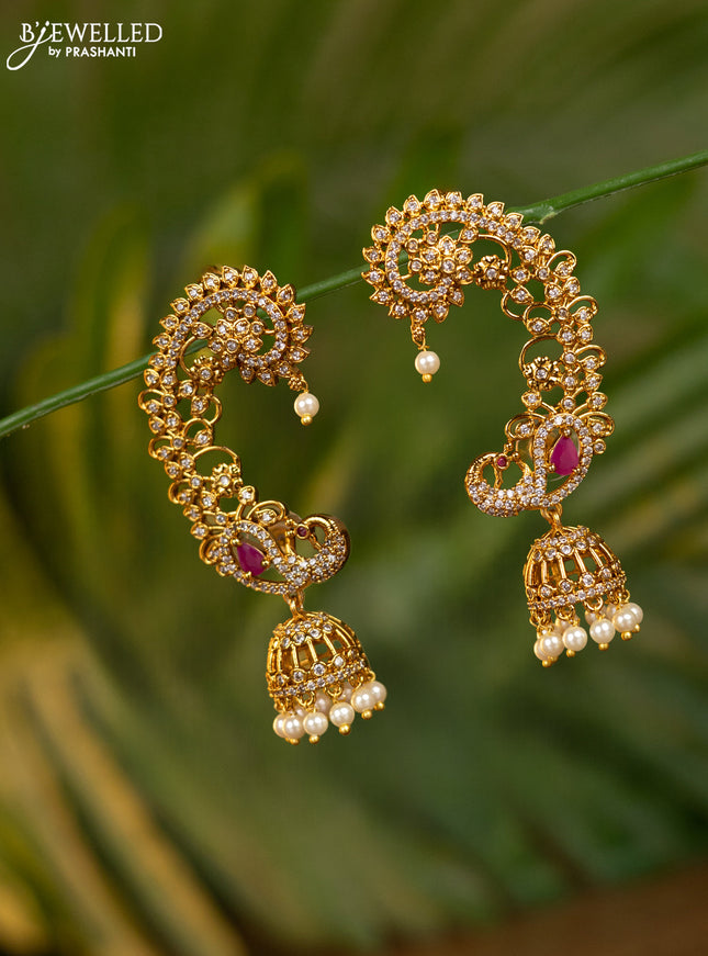 Antique earcuff jhumka with pink kemp & cz stones and pearl hangings