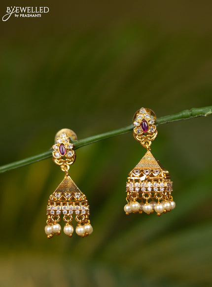 Antique jhumka with pink kemp & cz stones and pearl hangings