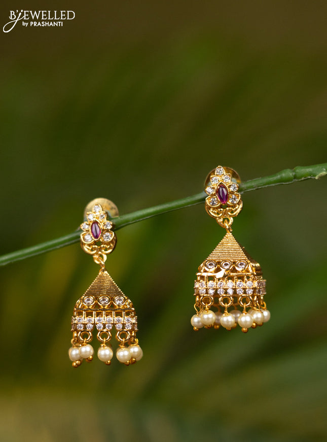 Antique jhumka with pink kemp & cz stones and pearl hangings