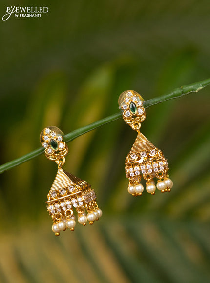 Antique jhumka with green kemp & cz stones and pearl hangings