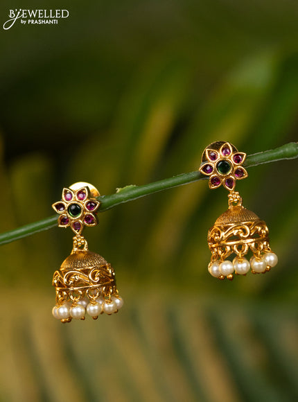Antique jhumka with pink kemp stones and pearl hangings