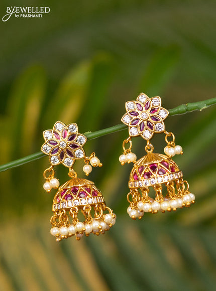 Antique jhumka with pink kemp & cz stones and pearl hangings