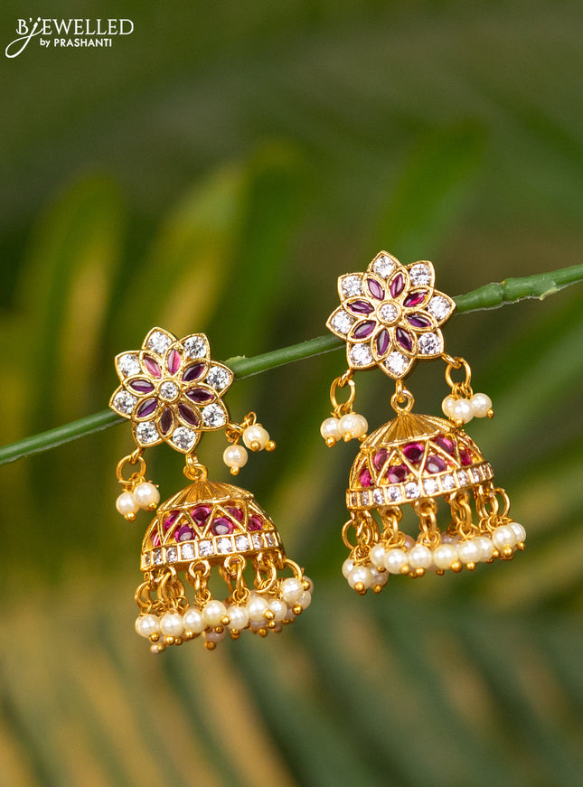 Antique jhumka with pink kemp & cz stones and pearl hangings