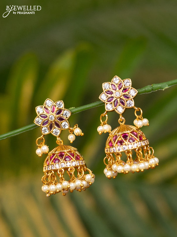 Antique jhumka with pink kemp & cz stones and pearl hangings