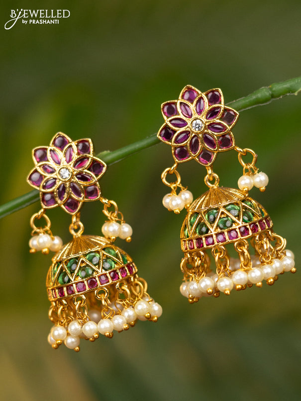 Antique jhumka with kemp & cz stones and pearl hangings