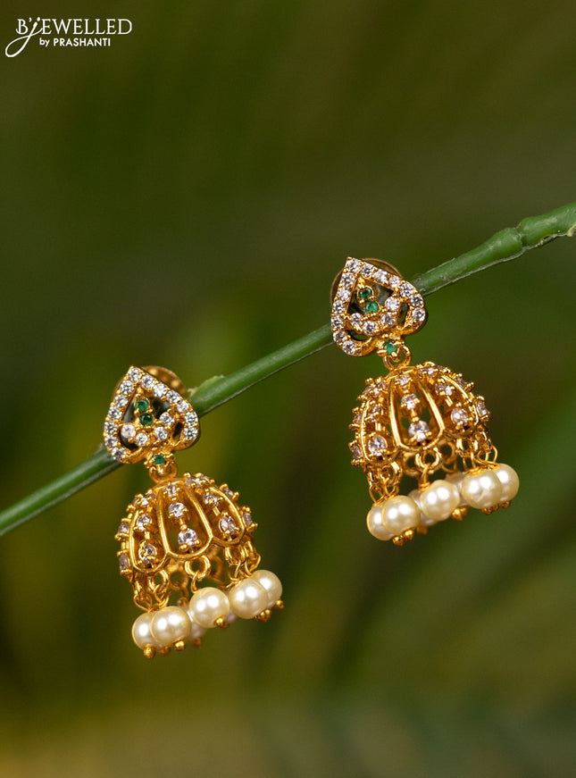 Antique jhumka with green kemp & cz stones and pearl hangings