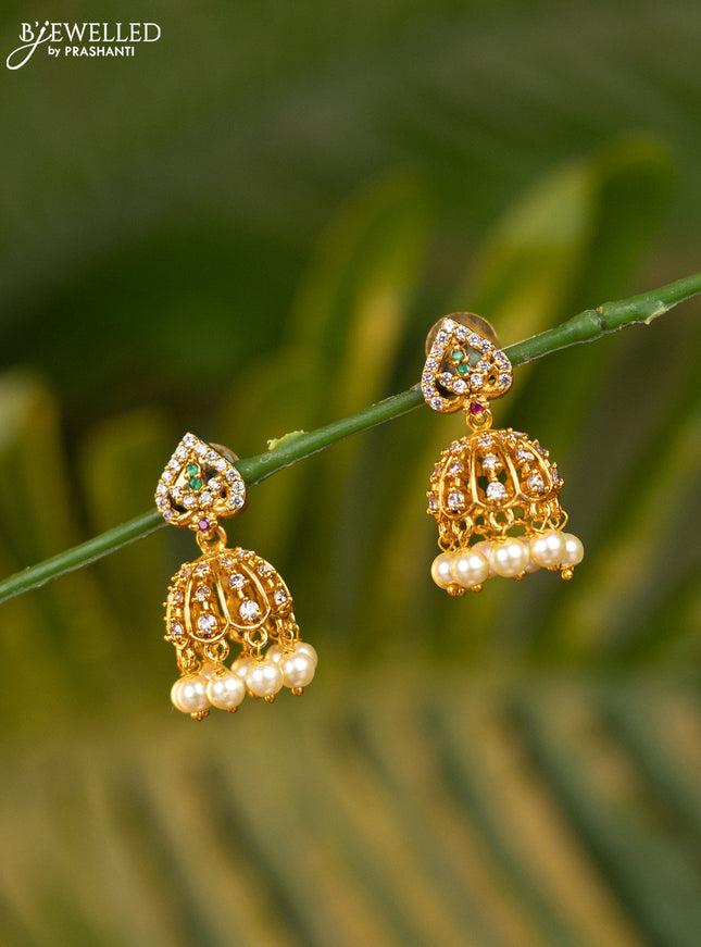 Antique jhumka with kemp & cz stones and pearl hangings