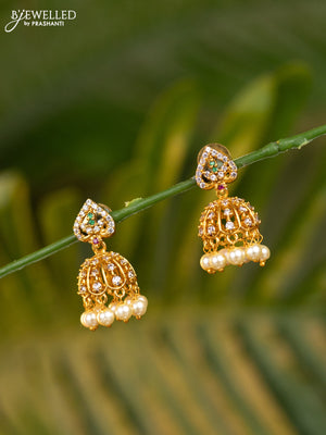 Antique jhumka with kemp & cz stones and pearl hangings