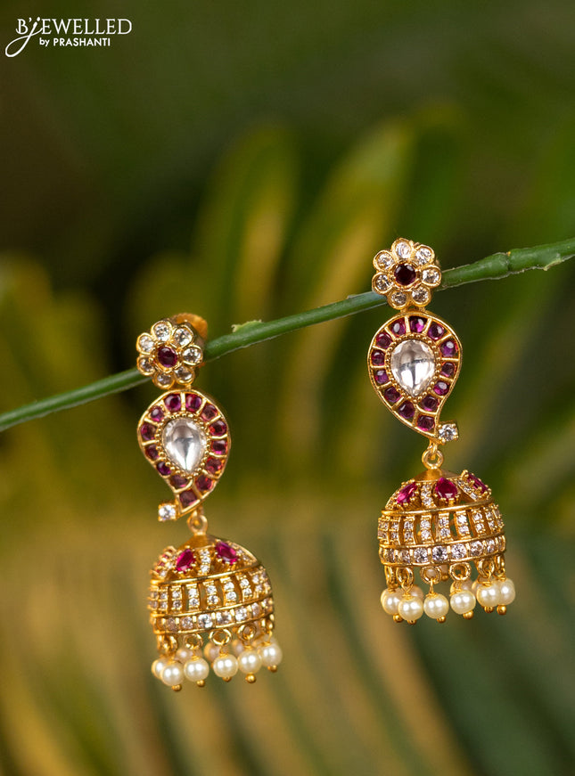 Antique jhumka manga pattern with pink kemp & kundan stones and pearl hangings