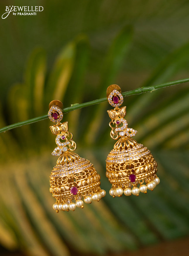 Antique jhumka with pink kemp & cz stones and pearl hangings