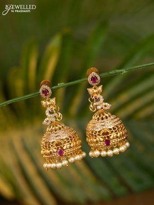 Antique jhumka with pink kemp & cz stones and pearl hangings