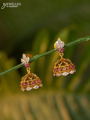 Antique jhumka with pink kemp and cz stones