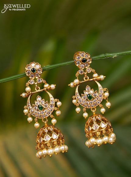 Antique jhumka floral & chandbali design with green kemp & cz stones and pearl hangings