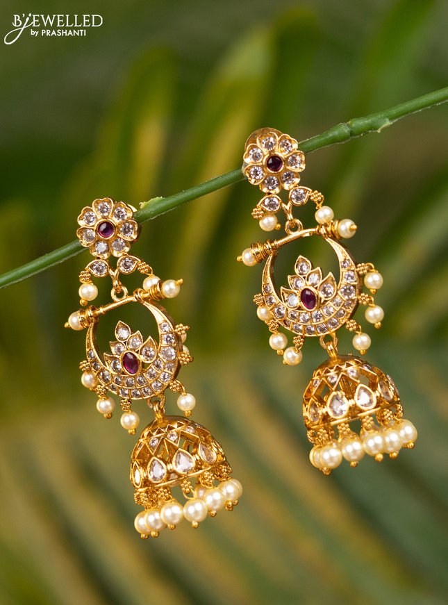 Antique jhumka floral & chandbali design with pink kemp & cz stones and pearl hangings
