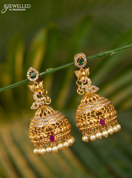 Antique jhumka with kemp & cz stones and pearl hangings