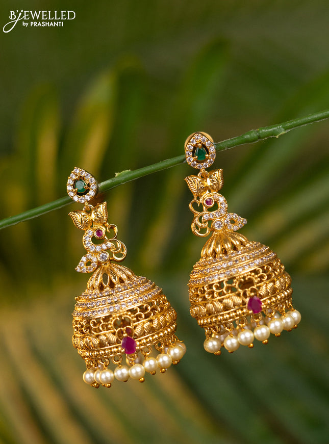 Antique jhumka with kemp & cz stones and pearl hangings