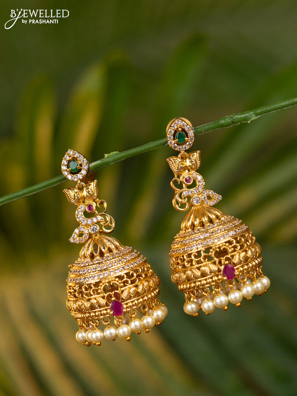 Antique jhumka with kemp & cz stones and pearl hangings