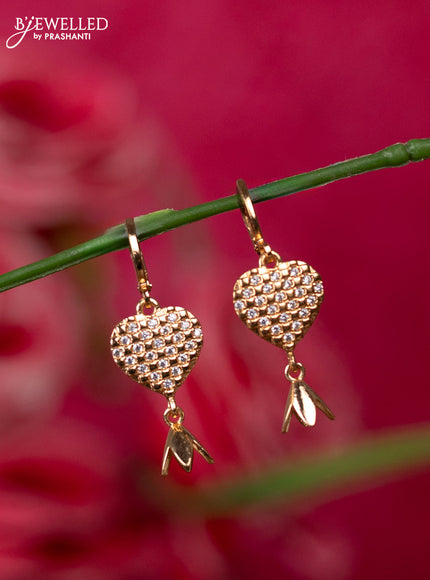 Rosel gold hanging type earrings with heart shape design and cz stones