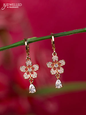 Rose gold hanging type earrings with floral design and cz stones