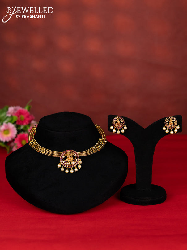 Ring type choker lakshmi pendant with kemp & cz stones and pearl hangings